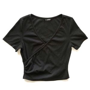 Black Ribbed Knit V-Neck Short Sleeve Top